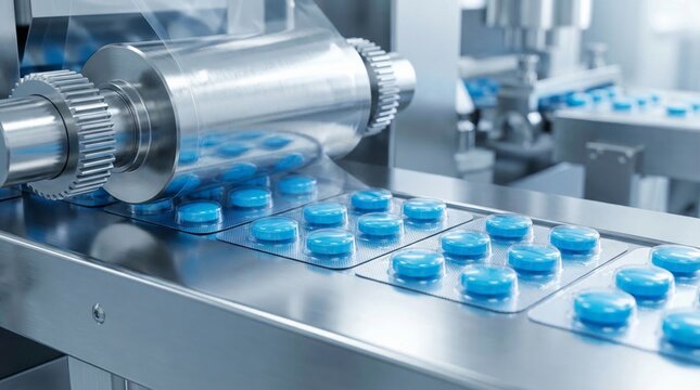 Macro view of a modern automated pharmaceutical packaging line with blue pills moving along a stainless steel conveyor belt in blister packs