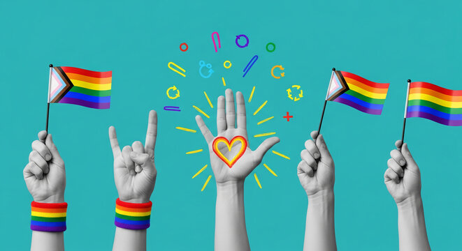 Multiple gray hands holding rainbow and progressive flags, rainbow wristband, hand with heart, colorful decoration, on teal background, representing diversity