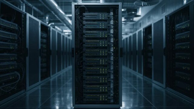 Medium perspective focusing on a single server rack managing routing functions surrounded by blurred rows and cool air vents in a spacious wireless core data center.