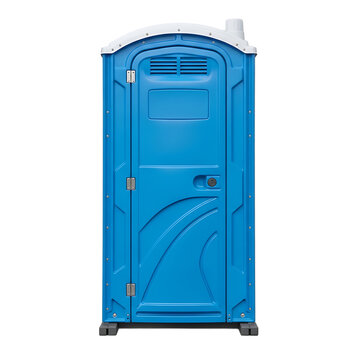 A blue portable toilet with a white roof on isolated transparent background