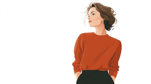 Relaxed woman in orange sweater standing with hands in pockets