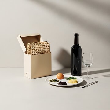 Traditional passover seder plate with matzah, wine, and ritual items, jewish holiday meal