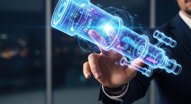 Closeup Businessman Hand interacting with virtual telescope, representing foresight, looking ahead, visionary leadership, and scouting trends.