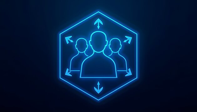 neon blue team collaboration icon with three people and arrows
