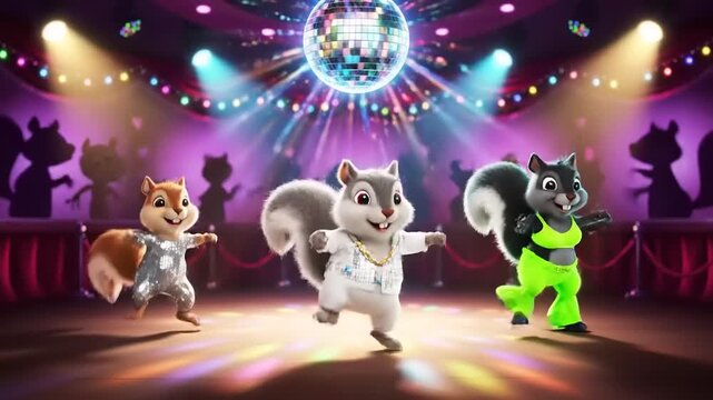 Three anthropomorphic squirrels dance energetically on a vibrant disco dance floor under a sparkling disco ball and colorful spotlights, in a whimsical cartoon style.