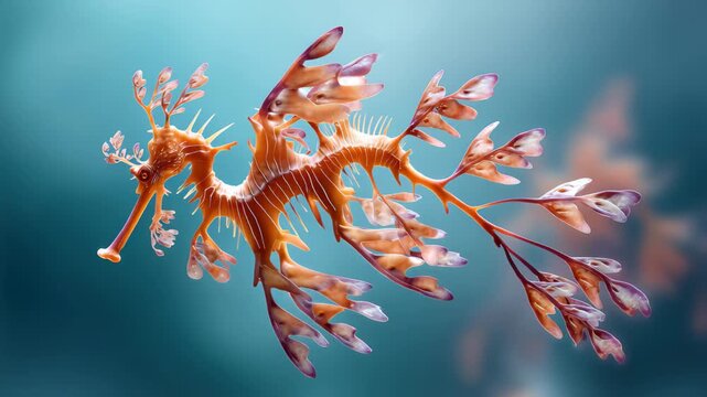 Leafy seadragon drifting in blue water macro close up with soft bokeh background 60 FPS