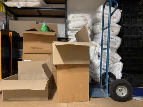 Cardboard boxes and industry trolley