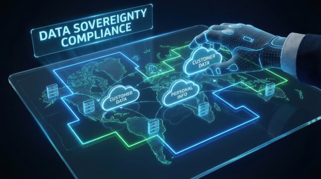 Data sovereignty compliance with a hand ensuring customer data icons remain within geographic border lines on a global data flow map.