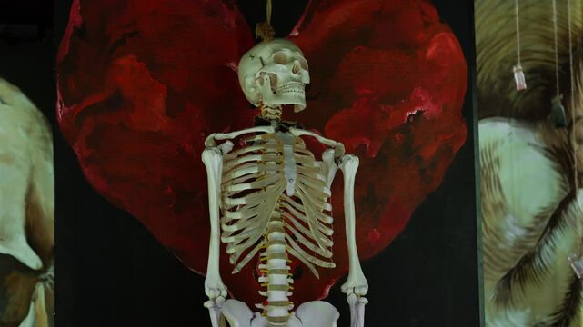 A human skeleton sit on a shelf in a dark laboratory for bright consecration.