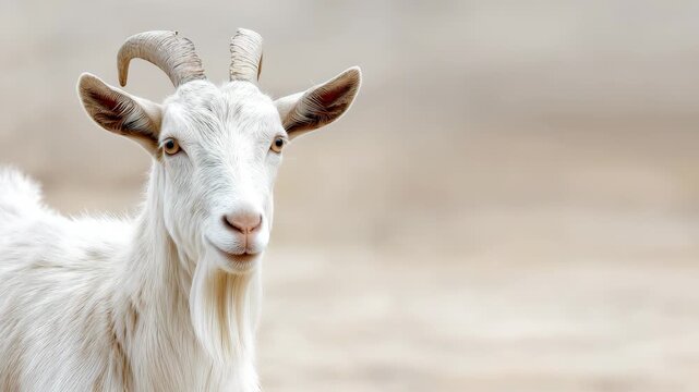 60 FPS White horned goat turns head from profile to direct gaze against soft beige background