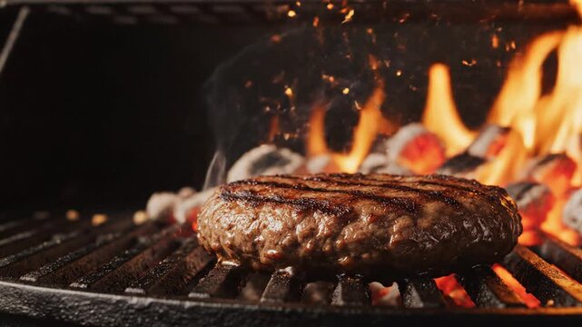 Juicy burger sizzles on grill over open flames at outdoor cookout event