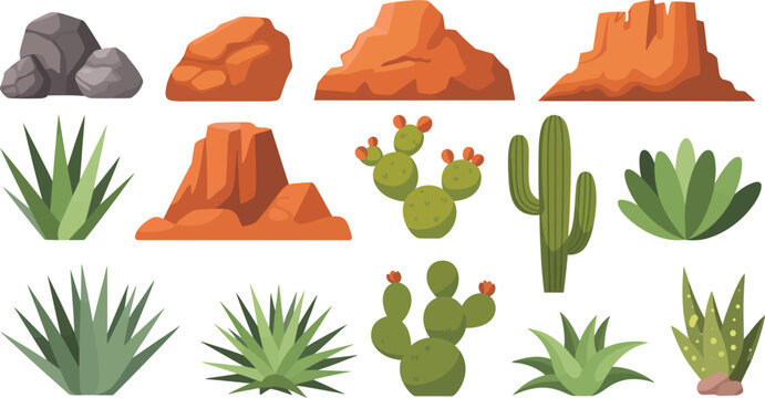 American desert nature icon, vector illustration of canyon rocks, saguaro cactus, and succulent plants, desert landscape elements, minimal flat vector graphic for design.