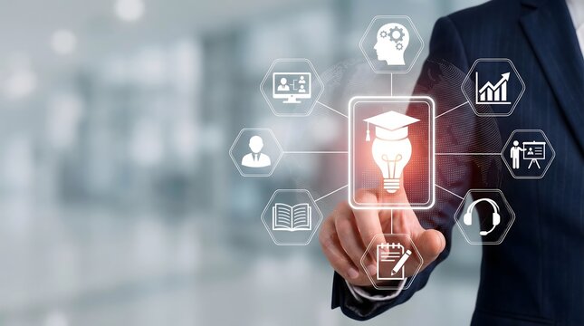 Professional interacts with a glowing lightbulb and graduation cap icon, representing comprehensive education, online learning, and continuous skill development.