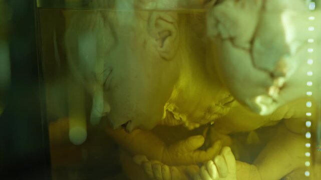 A human infant body with the pathological development of anencephaly in the water.