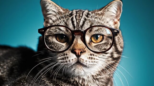 Close up portrait of a domestic gray tabby cat wearing dark brown eyeglasses against a solid teal background. The feline is looking at the camera with a scholarly and studious expression.
