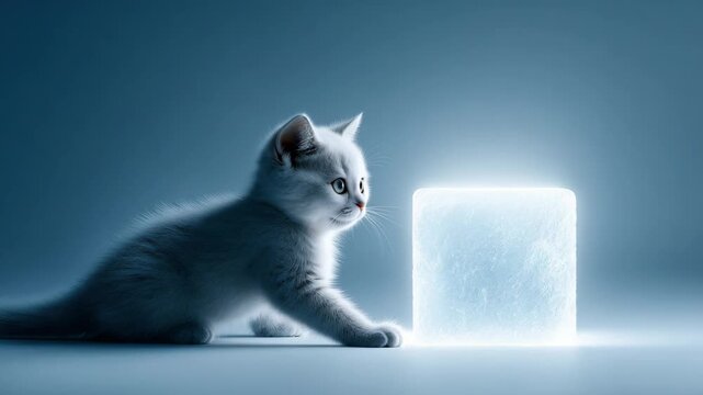 White kitten paws at glowing ice cube on blue studio set with soft rim light 60 FPS