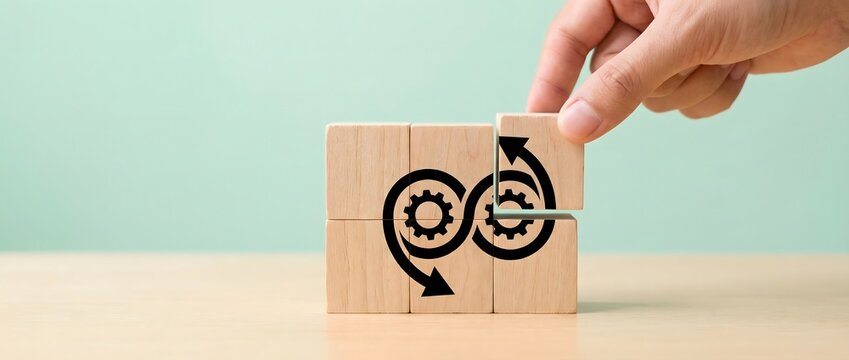 Hand carefully places a wooden block with part of a circular agile process icon, completing a symbol of continuous improvement and iterative development.