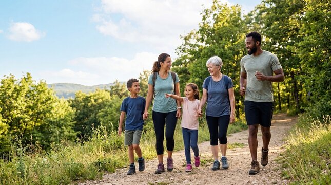 Happy multigeneration family hiking together on a sunny forest trail enjoying outdoor adventure and healthy active lifestyle with grandparents and children