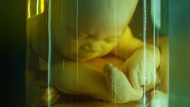 A human infant body with the pathological development of anencephaly in the water.