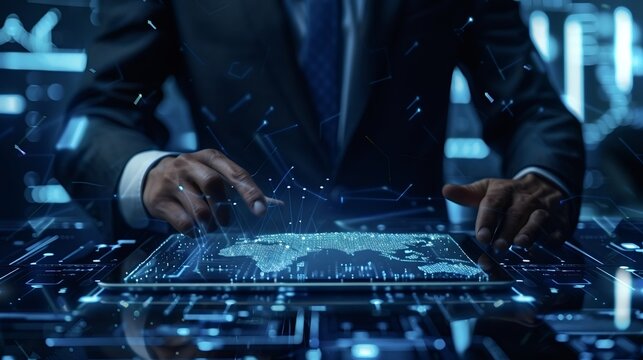 Businessman managing global business network using tablet technology