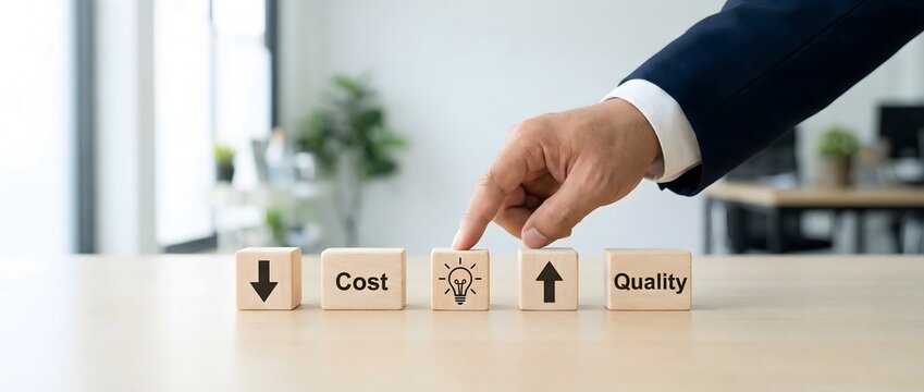 Hand points to a wooden block with a lightbulb, symbolizing innovation, placed between blocks indicating reduced cost and increased quality.