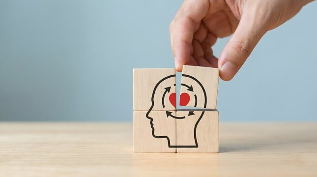 Human hand is carefully placing the final piece of a wooden puzzle depicting a human head with a heart and arrows, symbolizing mental health and emotional well-being.
