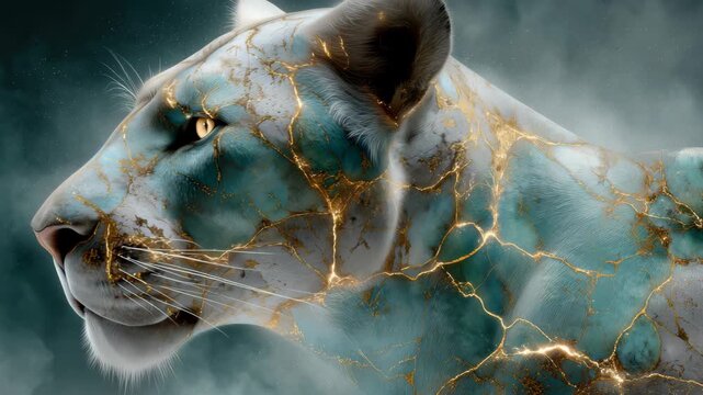 60 FPS close up profile of white lioness with turquoise marble fur and glowing gold crack veins