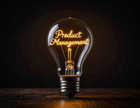 Glühbirne mit einem Glühdraht das aussieht wie das Wort "Product Management"