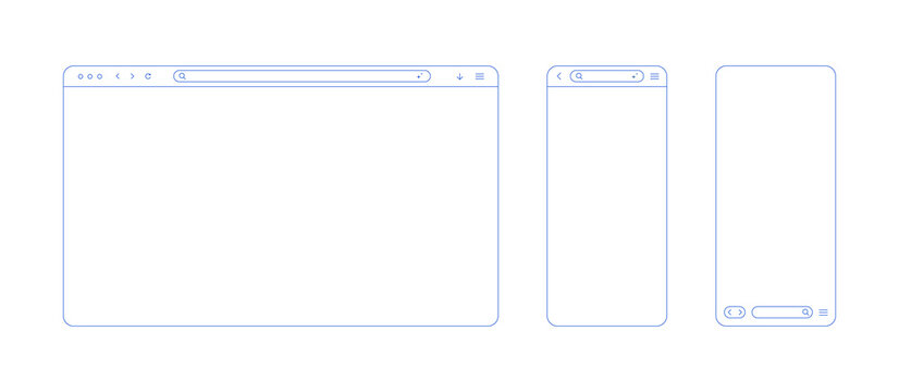 Browser window outline light for web pc and mobile phone. Browser screen mockup for desktop, pad and computer. Screen frame with arrow and menu icons and search line, vector illustration.
