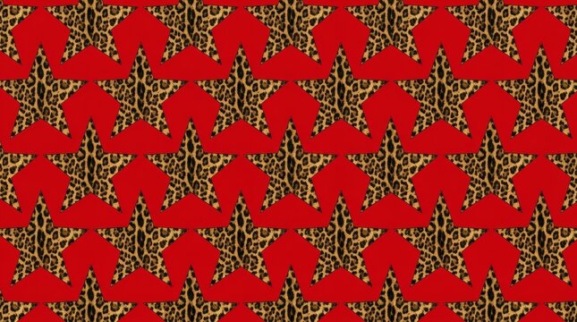 Seamless repeating pattern of leopard print stars on a bright red background.