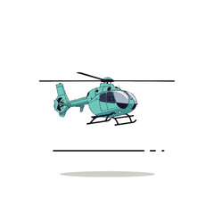 Fototapeta premium Vector flat design illustration of a teal helicopter in mid-flight against a clean white background with a minimalist aesthetic.