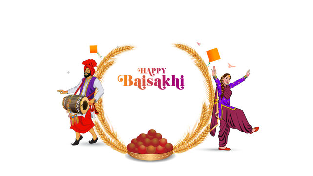 Happy Baisakhi. Joyful punjabi sikh traditional harves festival celebration background. Digital vectot illustration