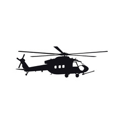 Fototapeta premium Vector flat design illustration of a helicopter in a simple silhouette style against a clean white background.