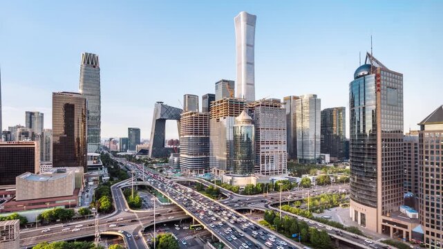 High angle timelapse of skyline and traffic flow in Beijing, China