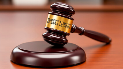 Obraz premium Close up of a judge's wooden gavel and sound block featuring the text Product Liability engraved on a gold metal band concept