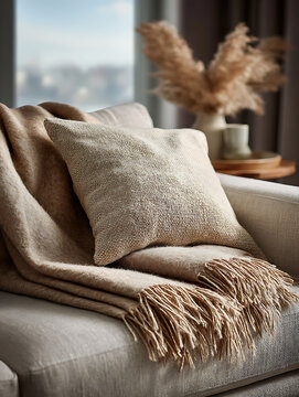 Cozy neutral toned throw blanket and textured cushion on a sofa with blurred background