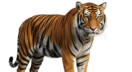 Fototapeta premium Majestic Bengal tiger with striking orange fur and black stripes stands isolated against a bright white background