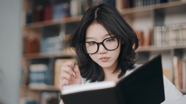 Young asian woman with glasses reading a book in a library