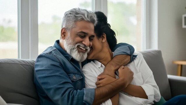 A happy senior Indian couple embracing affectionately on a comfortable sofa in their living room, sharing a joyful moment.