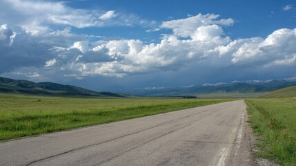 Fototapeta premium Straight Asphalt Road with Green Grasslands and Dappled Shadows 