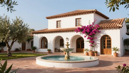 Fototapeta premium Mediterranean white stucco villa with terracotta roof, arched windows, courtyard with olive trees, Tuscan architecture
