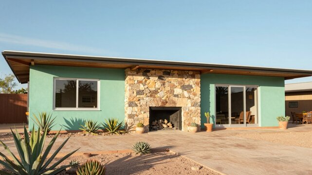 Mid-century modern ranch house with clerestory windows, desert landscape, indoor-outdoor stone fireplace, retro architecture, warm southwestern style,