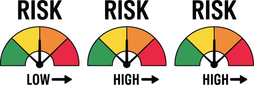Risk meter icon, speedometer scale showing low, medium, and high risk, gauge from minimum to maximum, risk assessment concept, vector illustration for design.