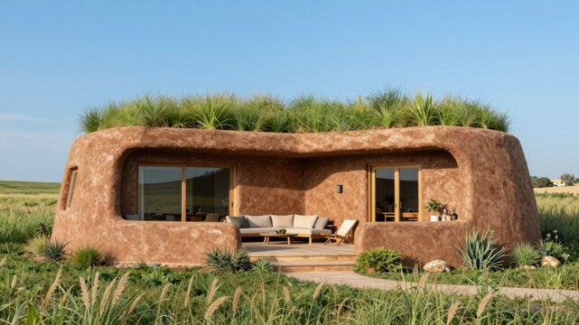 Earth-sheltered passive solar house with green roof, rammed earth construction, eco-friendly residence, biophilic design, environmental harmony
