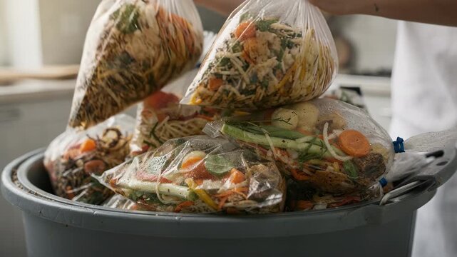 Closeup on a collection of biodegradable waste bags in a compost bin with outoffocus kitchen utensils and surfaces behind.