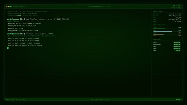 Linux Ubuntu System Monitor and Terminal Command Line Interface for Cybersecurity and Server Management Data.