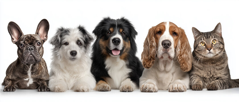 Group of dogs and cat lined up isolated on white background pet concept