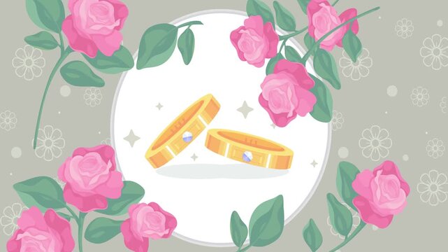 Two wedding rings fall to the center of the screen, with flowers appearing in the background. An animated template for a wedding greeting card in a flat vector art style