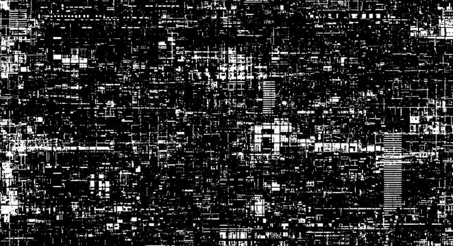 Abstract digital glitch pattern with textured geometric overlay - futuristic black and white background with digital art