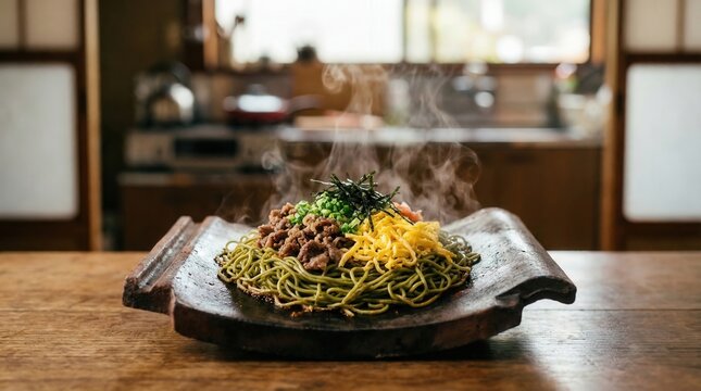 湯気が立ち昇る山口県郷土料理瓦そばと錦糸卵と牛肉のトッピング